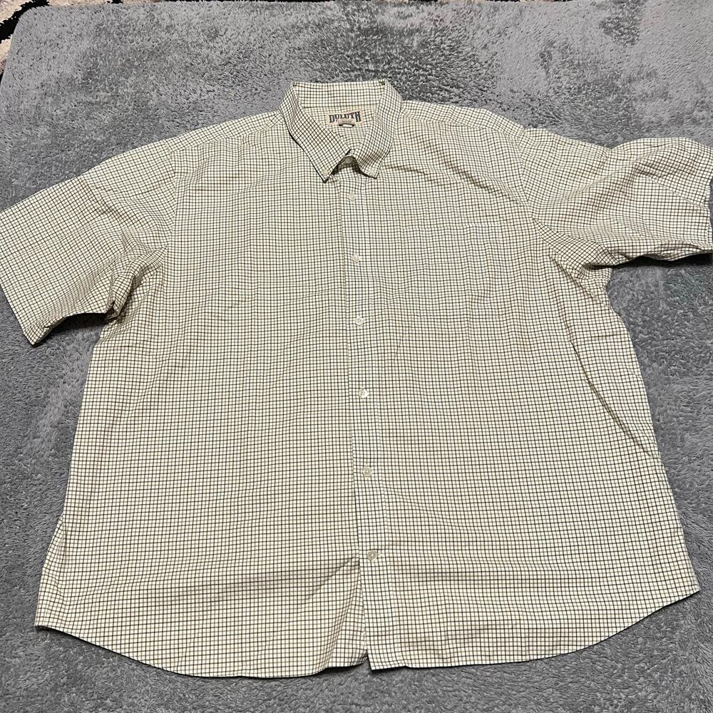 Duluth Trading Shirt Mens 3XL Green Cream Plaid Wrinkle Fighter Short Sleeve